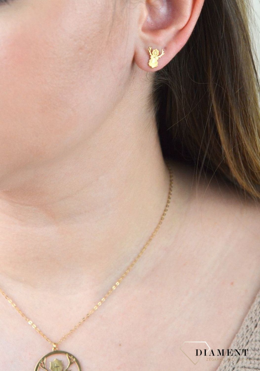 Srebrne kolczyki pozłacane na sztyft 'Jeleń Św Huberta' KR R552-ZL.jpg